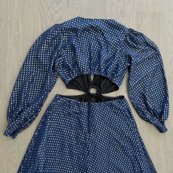 DELFI Collective Cerise Gown Blue Polka Dot Silk Metallic Gold Cut Out - Small - Picture 7 of 12